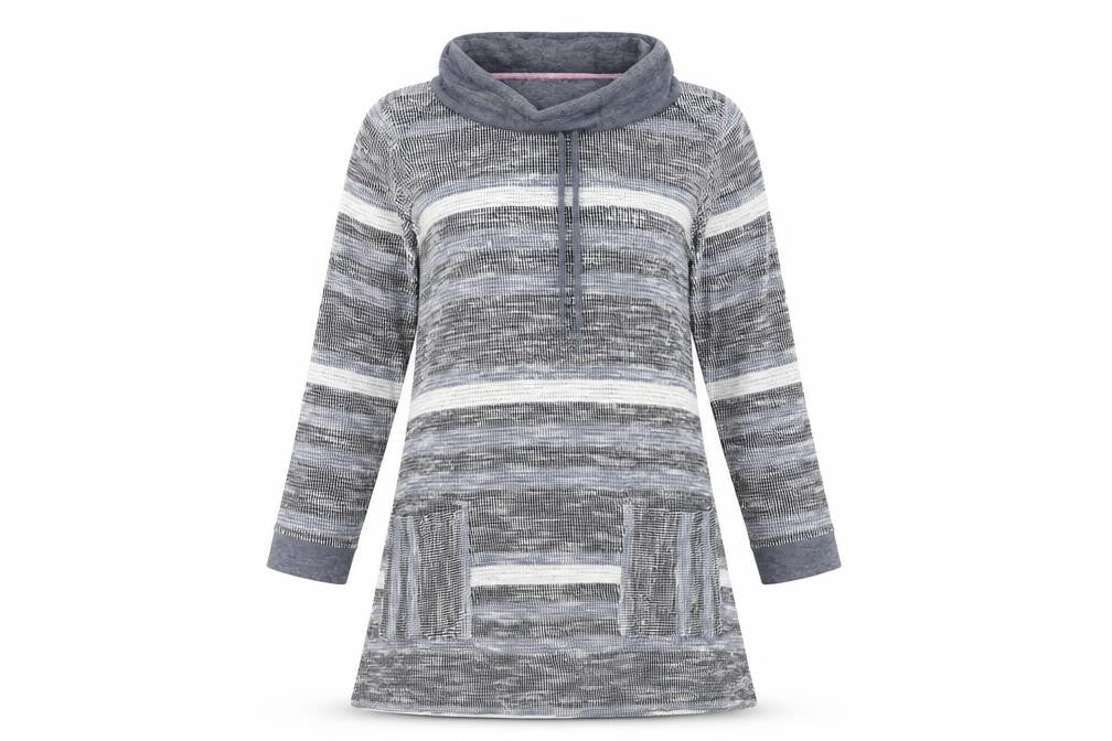 Adini Women’s Grey Striped Tunic Sweatshirt XS Cowl Neck Hooded