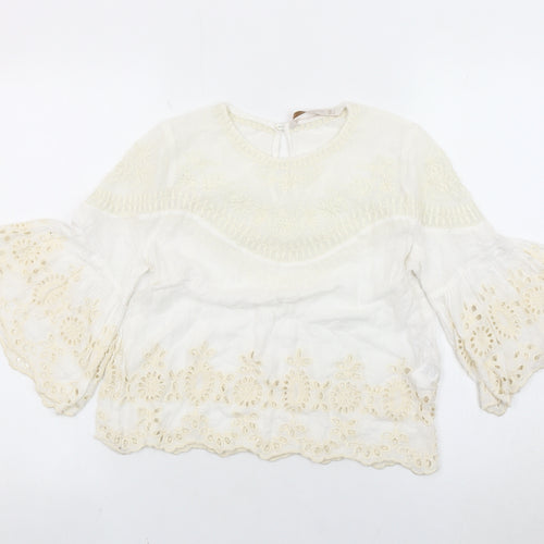 Zara Women Ivory Embroidered Bohemian Tunic Blouse Size 8