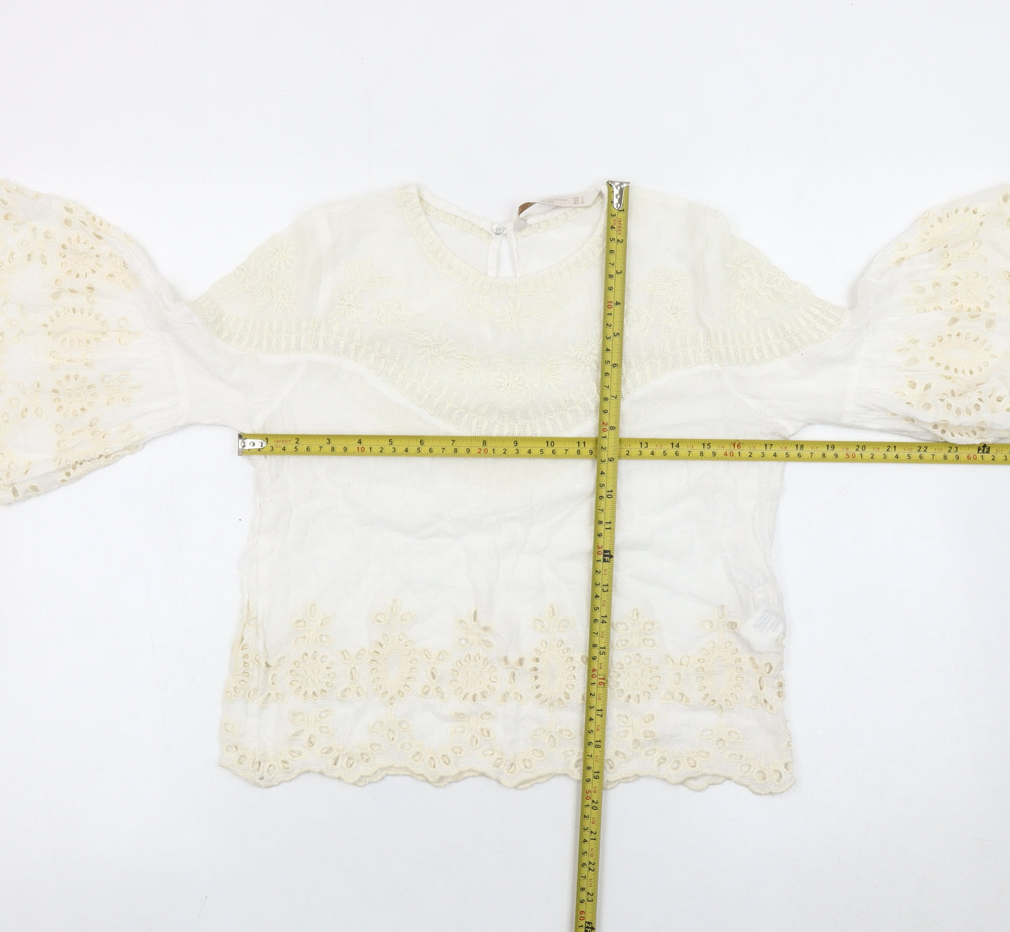 Zara Women Ivory Embroidered Bohemian Tunic Blouse Size 8