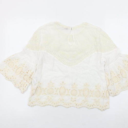 Zara Women Ivory Embroidered Bohemian Tunic Blouse Size 8