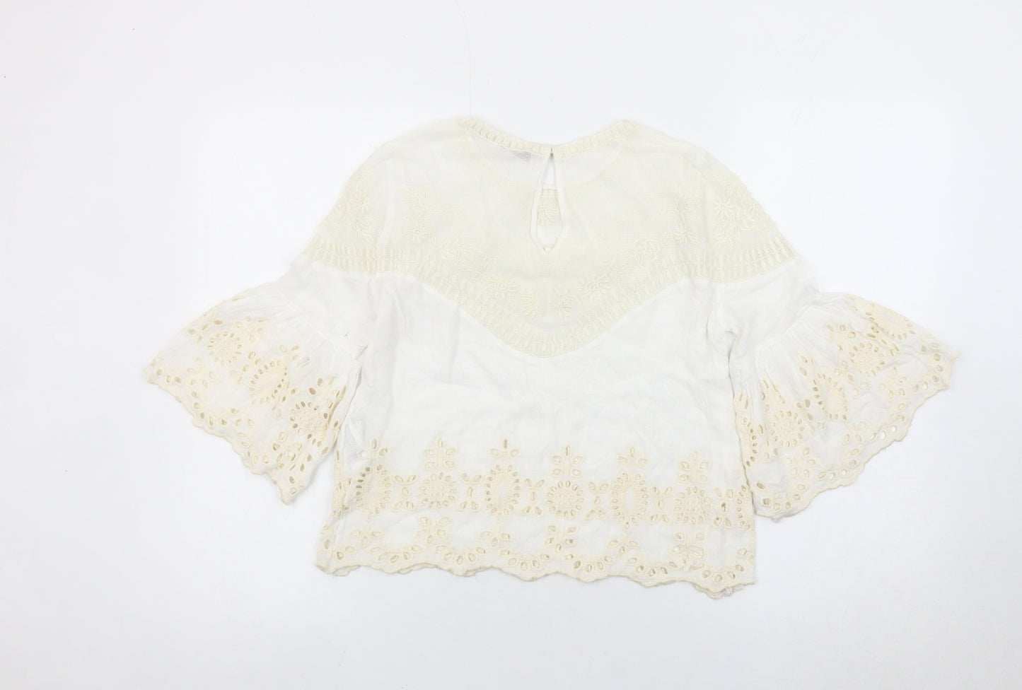 Zara Women Ivory Embroidered Bohemian Tunic Blouse Size 8