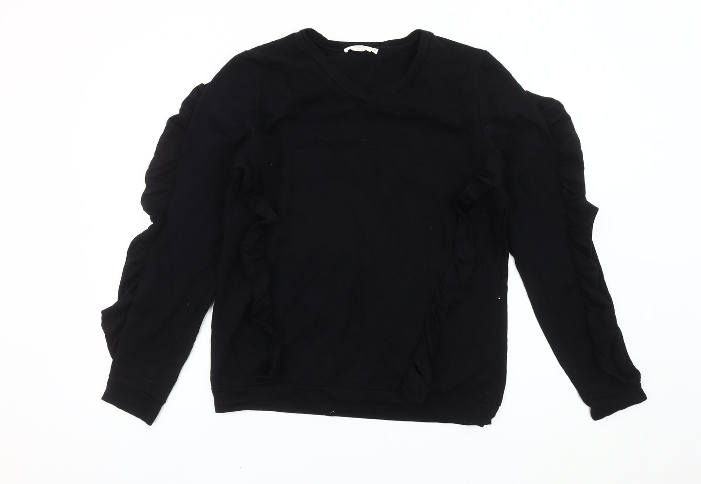 LUX Women’s Black Ruffle Pullover Sweatshirt Size M V-Neck Long Sleeve