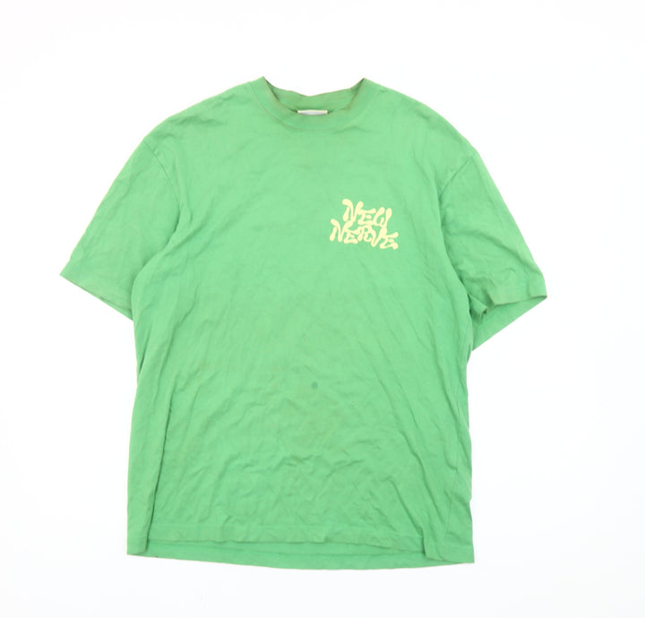 H&M Women Green Relaxed Fit Cotton Graphic T-Shirt Size S