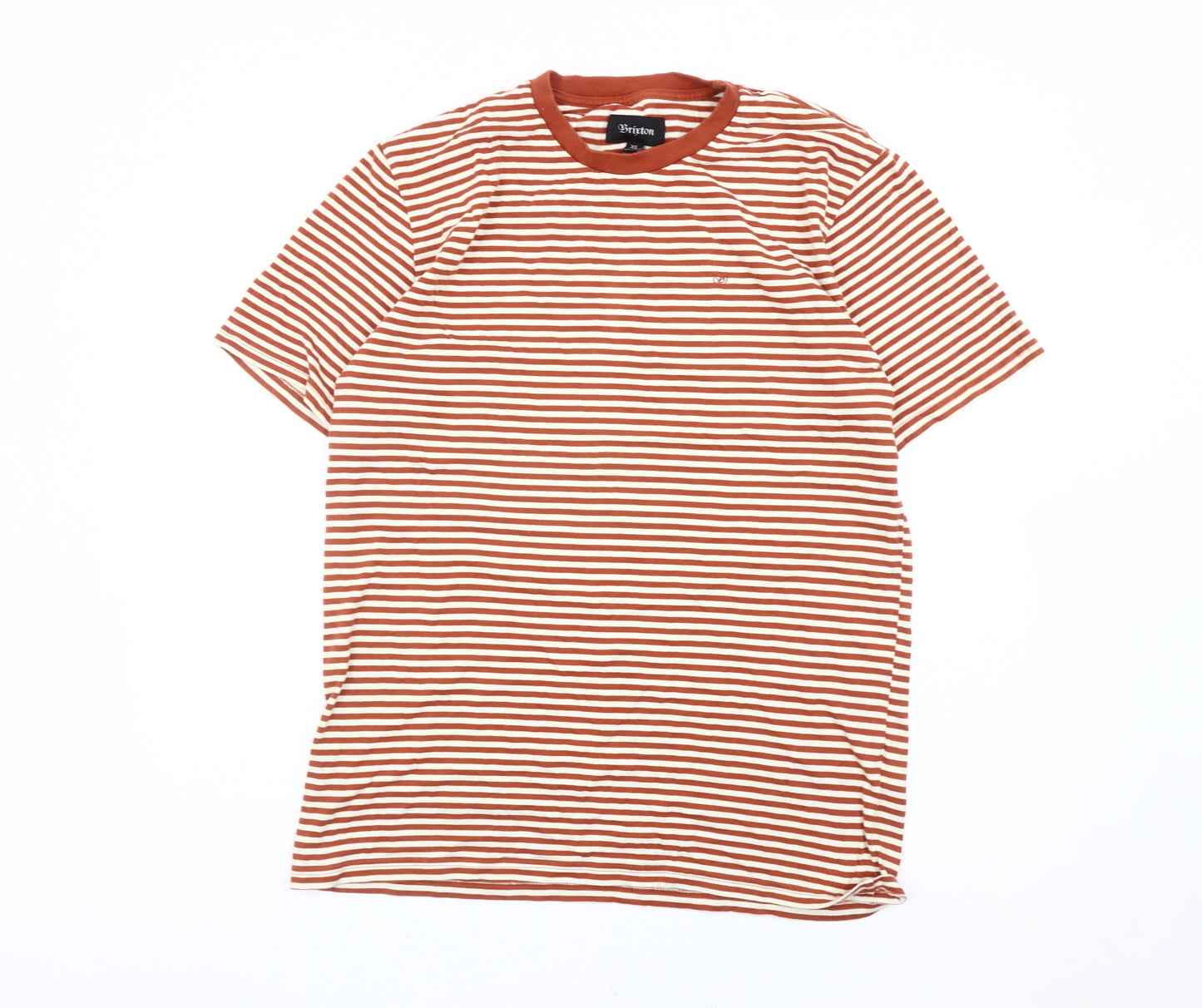 Brixton Men’s Brown Striped Cotton T-Shirt XL Crew Neck