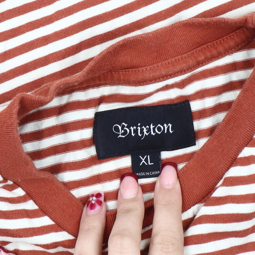 Brixton Men’s Brown Striped Cotton T-Shirt XL Crew Neck