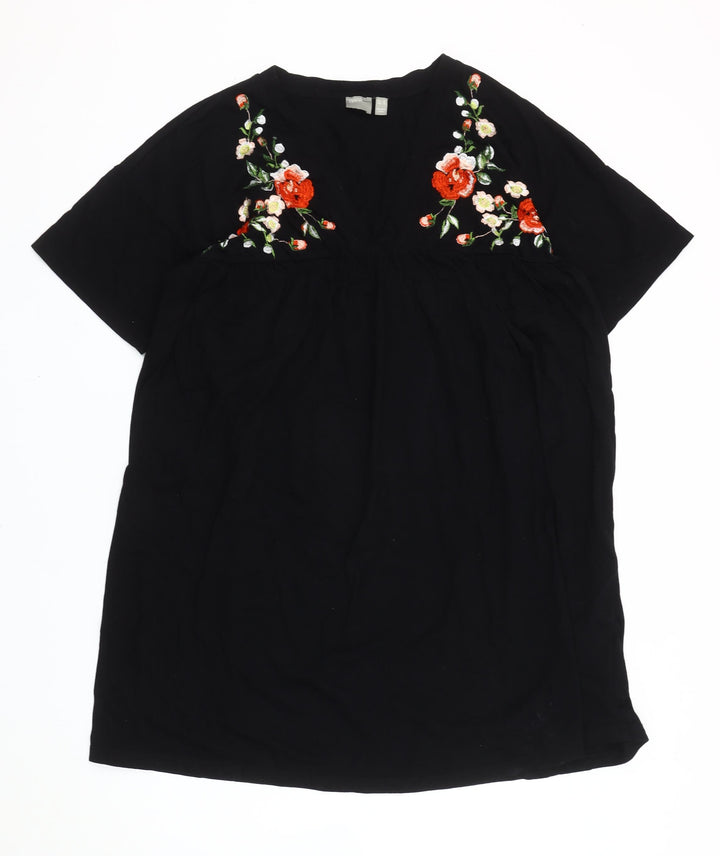ASOS Women Black Embroidered Floral Shift Dress Size 14
