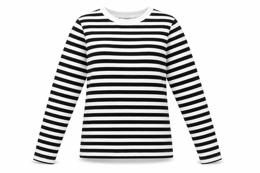 Front view of Mango Women's Black Striped Long Sleeve Cotton Top, size 12