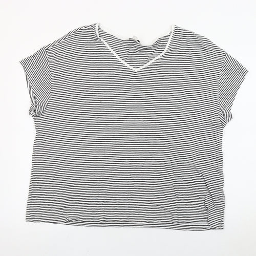Marks and Spencer Women Black White Striped V-Neck T-Shirt Size 22