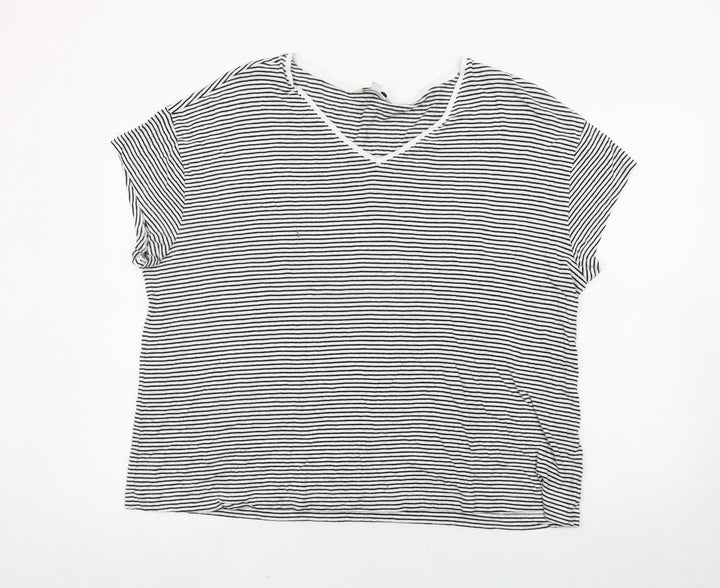 Marks and Spencer Women Black White Striped V-Neck T-Shirt Size 22