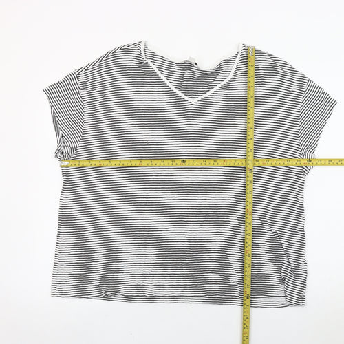 Marks and Spencer Women Black White Striped V-Neck T-Shirt Size 22
