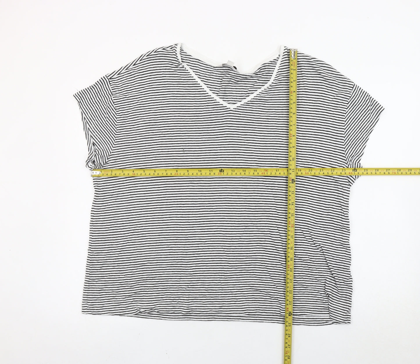 Marks and Spencer Women Black White Striped V-Neck T-Shirt Size 22