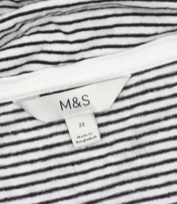 Marks and Spencer Women Black White Striped V-Neck T-Shirt Size 22