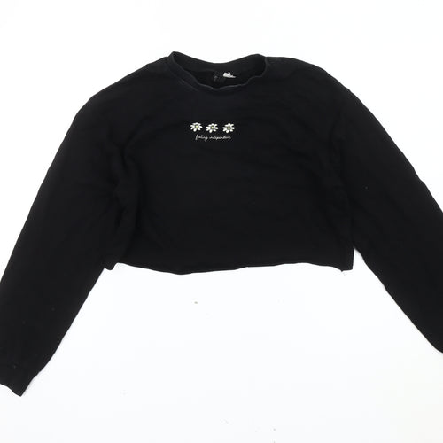Divided Womens Black Crop Long Sleeve Embroidered Daisy T-Shirt Size S