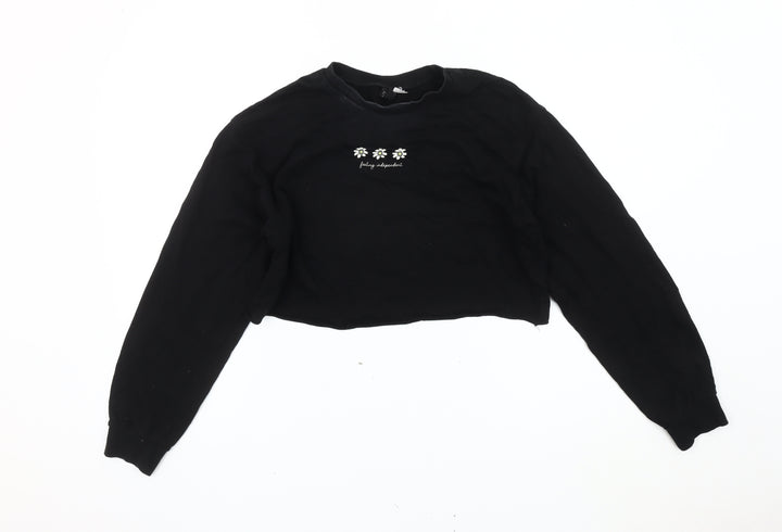 Divided Womens Black Crop Long Sleeve Embroidered Daisy T-Shirt Size S
