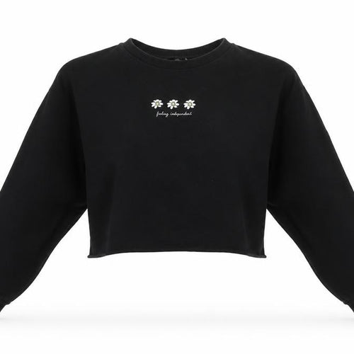 Divided Womens Black Crop Long Sleeve Embroidered Daisy T-Shirt Size S