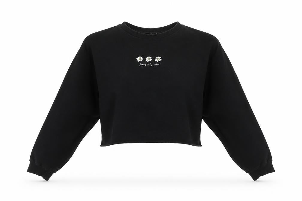 Divided Womens Black Crop Long Sleeve Embroidered Daisy T-Shirt Size S
