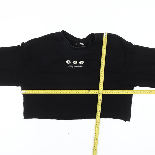 Divided Womens Black Crop Long Sleeve Embroidered Daisy T-Shirt Size S