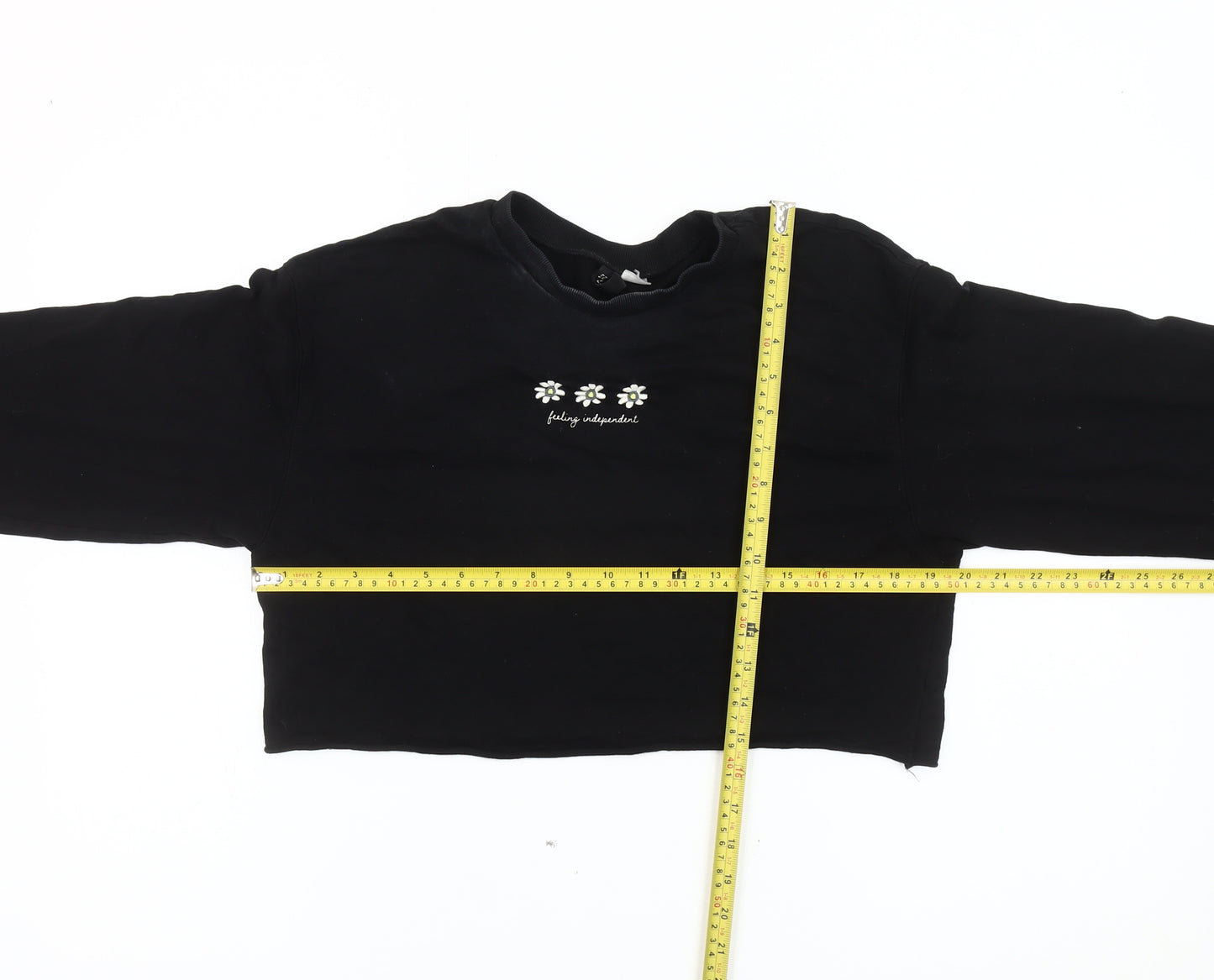 Divided Womens Black Crop Long Sleeve Embroidered Daisy T-Shirt Size S
