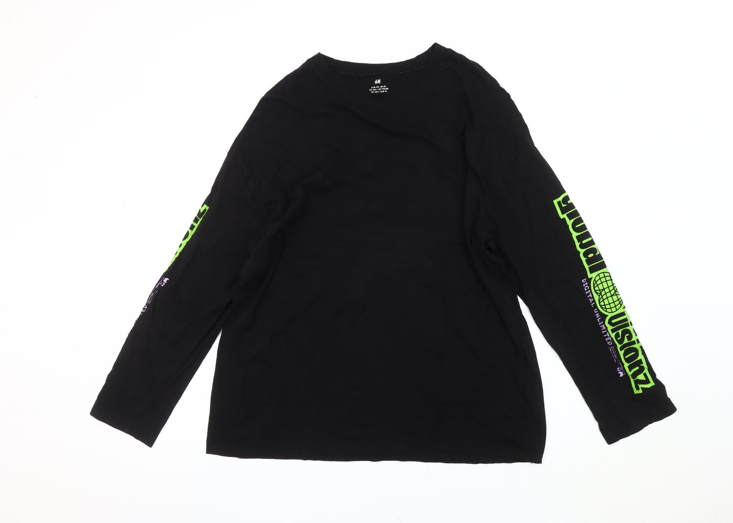 H&M Boys Black Long Sleeve Graphic Logo T-Shirt Size 14+ Cotton