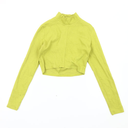 Bershka Women Green Cropped Mock Neck Long Sleeve Slim Fit Top L