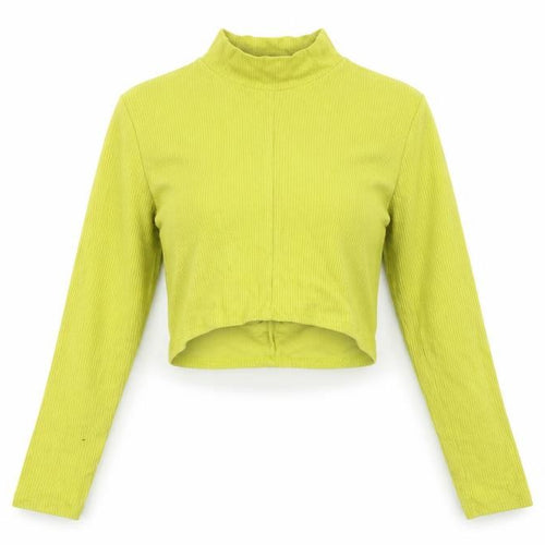 Bershka Women Green Cropped Mock Neck Long Sleeve Slim Fit Top L
