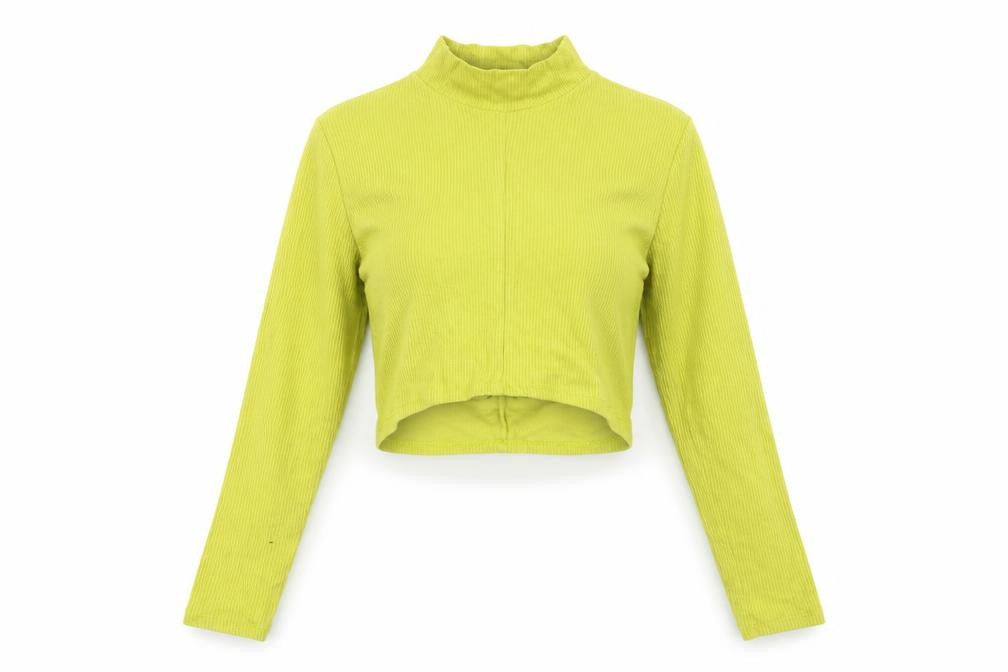Bershka Women Green Cropped Mock Neck Long Sleeve Slim Fit Top L