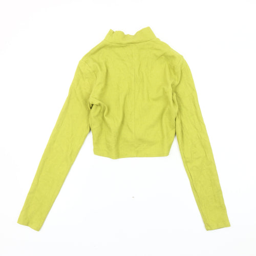 Bershka Women Green Cropped Mock Neck Long Sleeve Slim Fit Top L