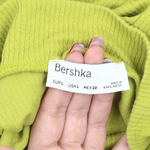 Bershka Women Green Cropped Mock Neck Long Sleeve Slim Fit Top L
