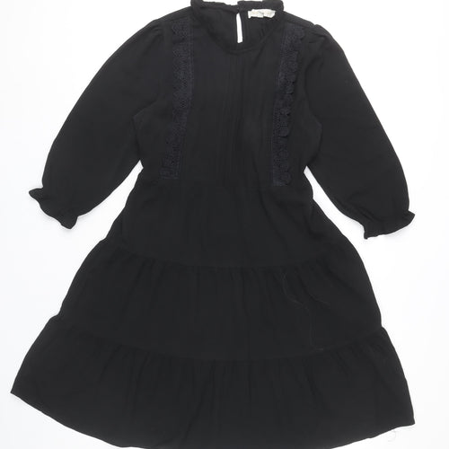 Monteau Women Black A-Line Knee Length Dress Size M High Neck Lace