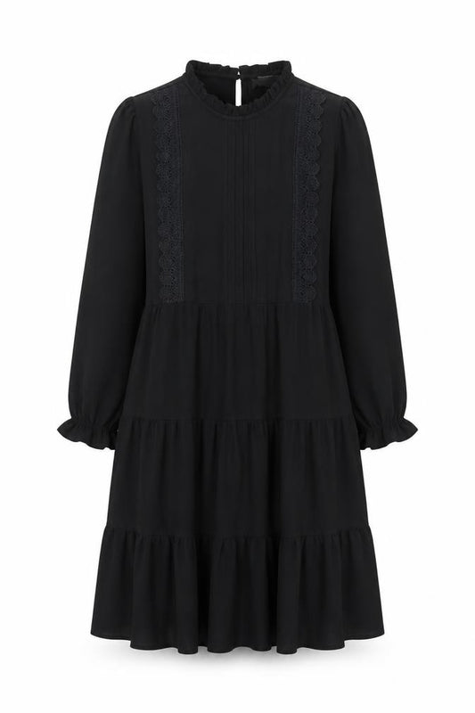 Front view of Monteau Women Black A-Line Knee Length Dress, size M, High Neck Lace