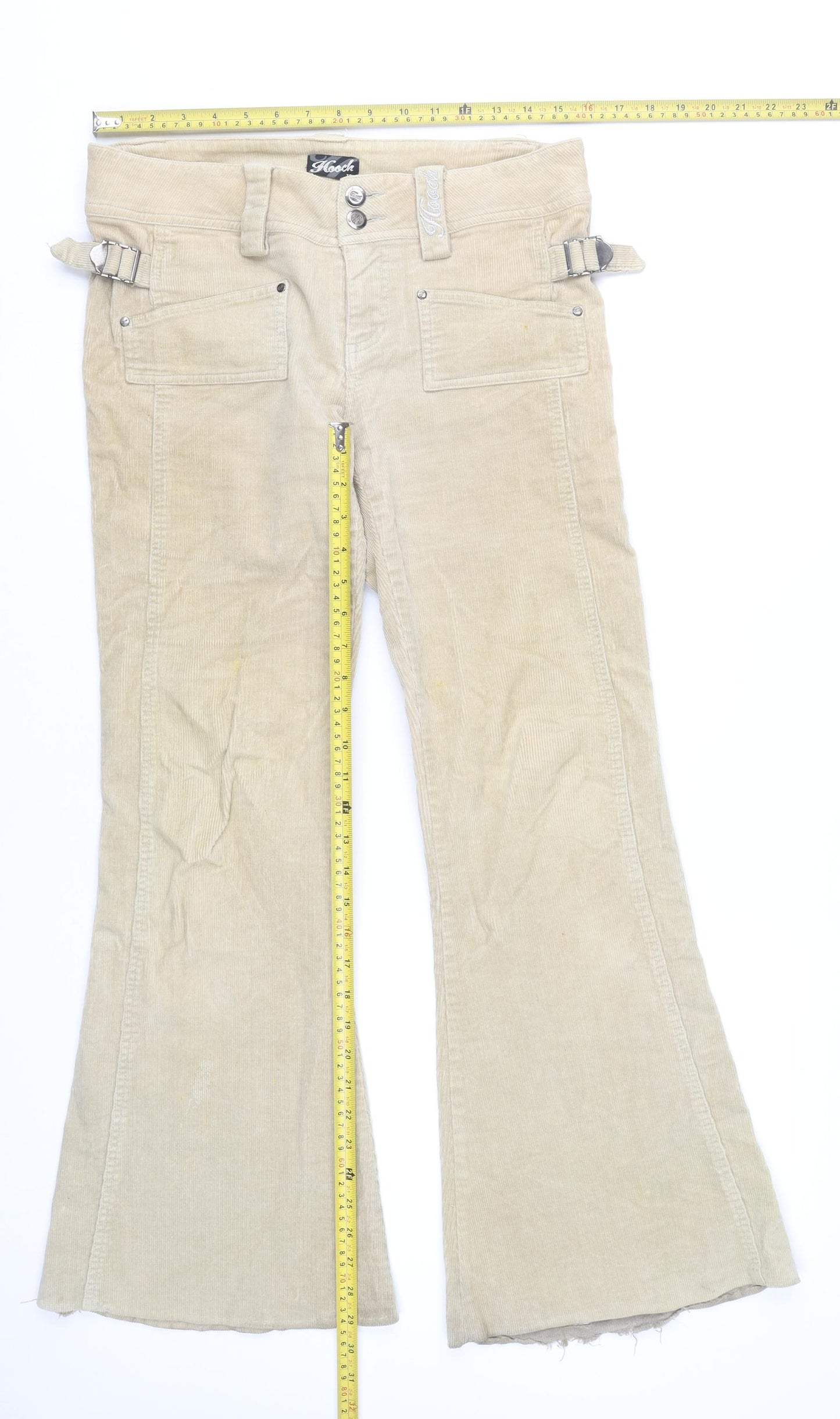 Hooch Womens Beige Corduroy Flared Trousers Size 12 Retro Adjustable Waist