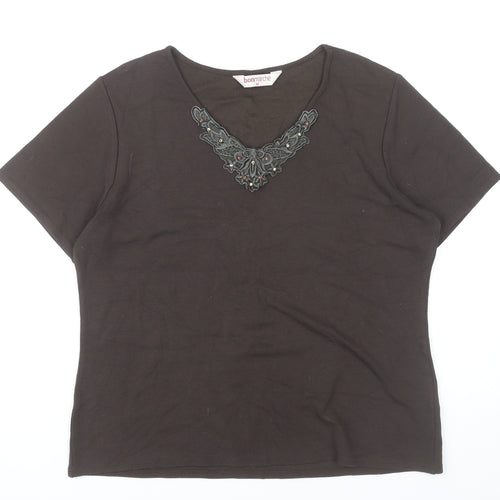 Bonmarché Women’s Brown Embroidered V-Neck Short Sleeve T-Shirt Size 12