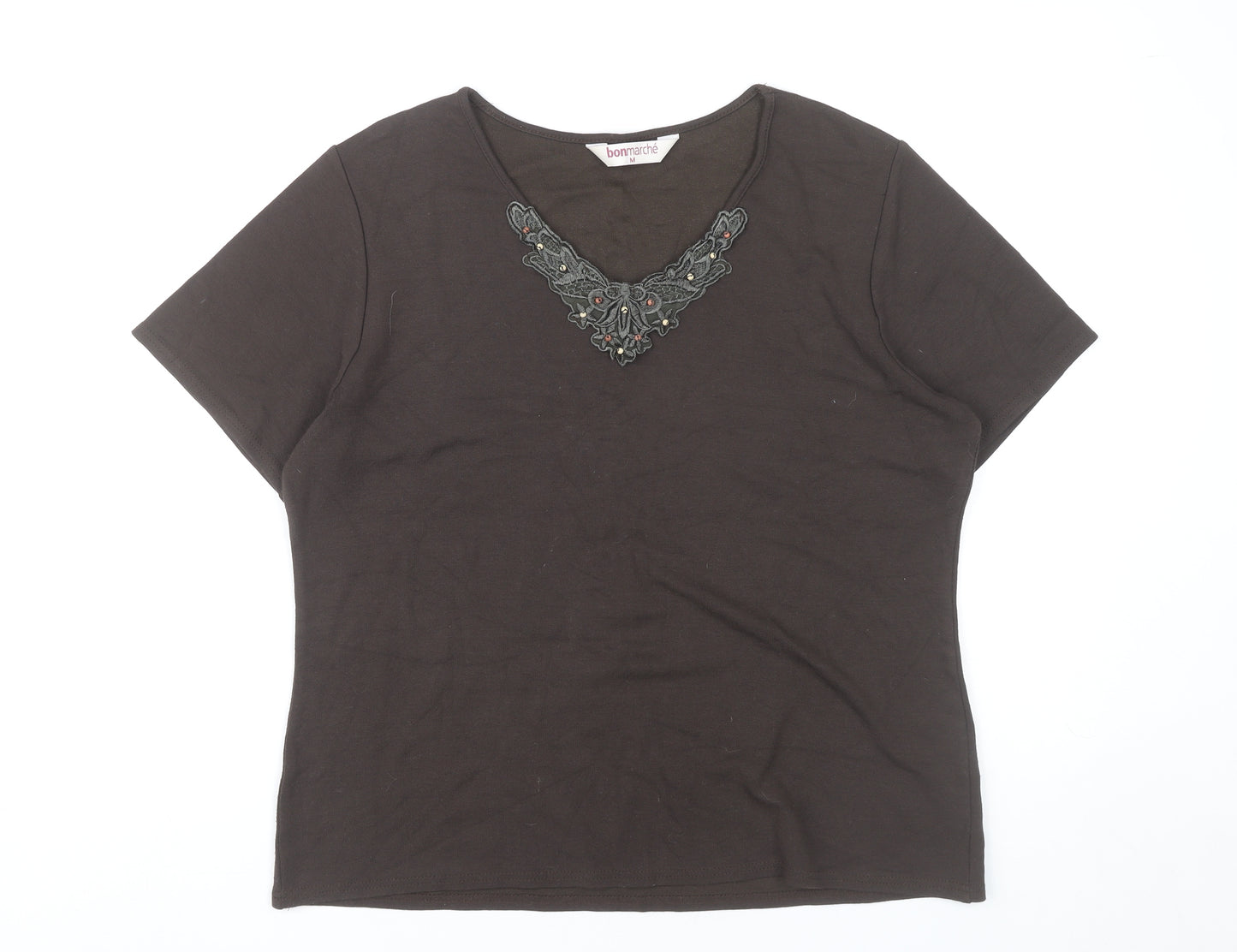 Bonmarché Women’s Brown Embroidered V-Neck Short Sleeve T-Shirt Size 12