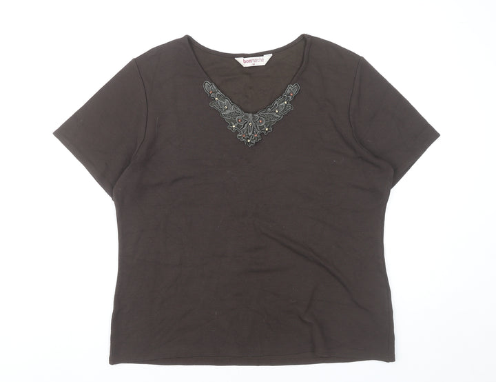 Bonmarché Women’s Brown Embroidered V-Neck Short Sleeve T-Shirt Size 12