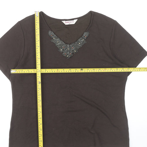Bonmarché Women’s Brown Embroidered V-Neck Short Sleeve T-Shirt Size 12