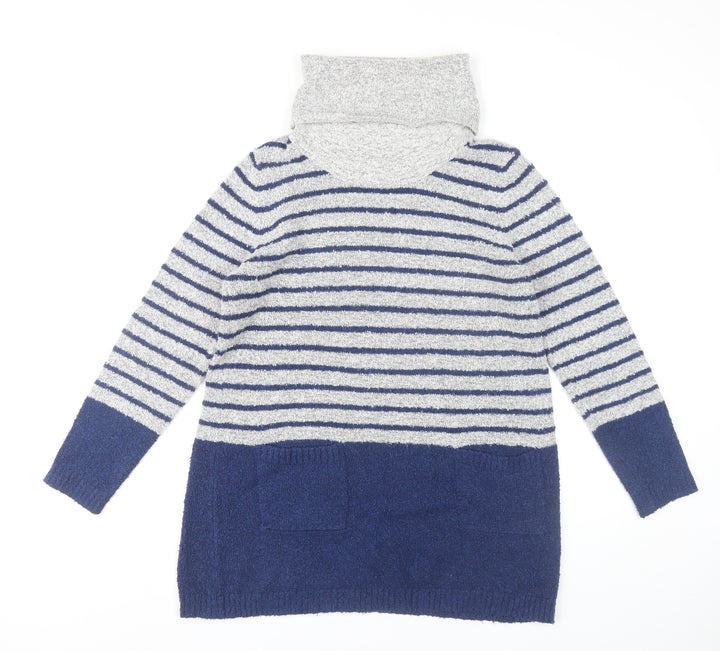 M&Co Womens Navy Grey Striped Jumper Dress Size 14 Roll Neck