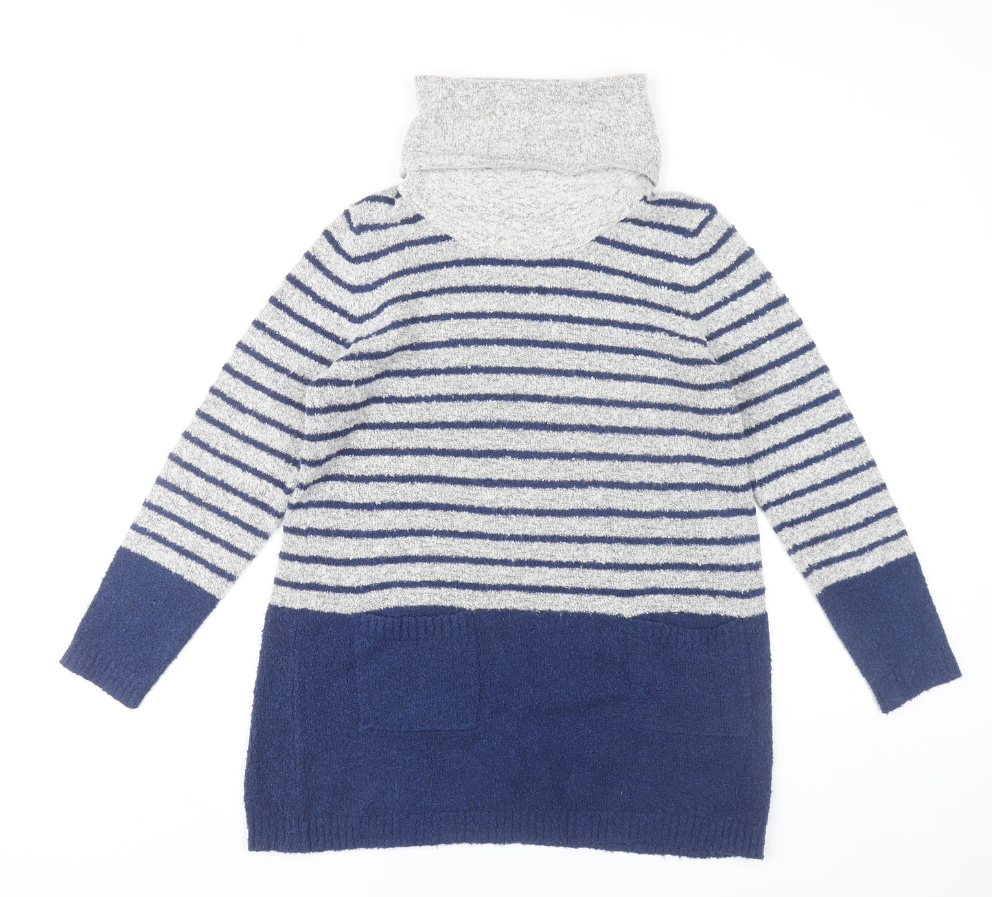 M&Co Womens Navy Grey Striped Jumper Dress Size 14 Roll Neck