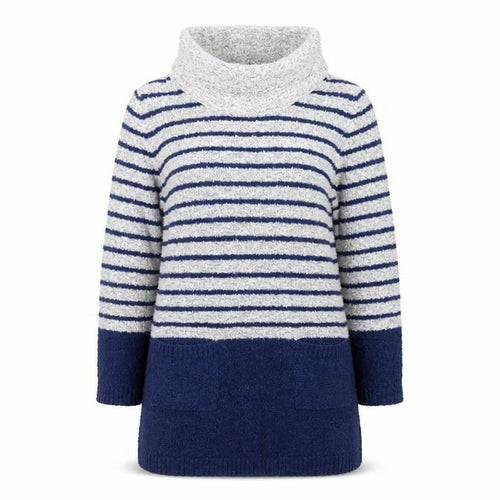 M&Co Womens Navy Grey Striped Jumper Dress Size 14 Roll Neck