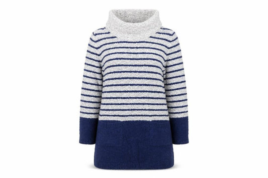 Front view of M&Co women’s navy grey striped jumper dress, size UK 14, roll neck