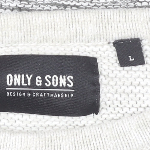 Only & Sons Mens Grey Cotton Knit Jumper L Crew Neck Long Sleeve