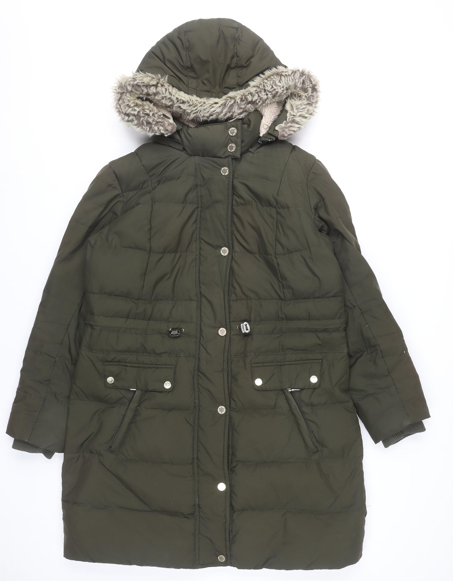Marks and Spencer Women’s Green Long Puffer Coat L Hooded Faux Fur Winter