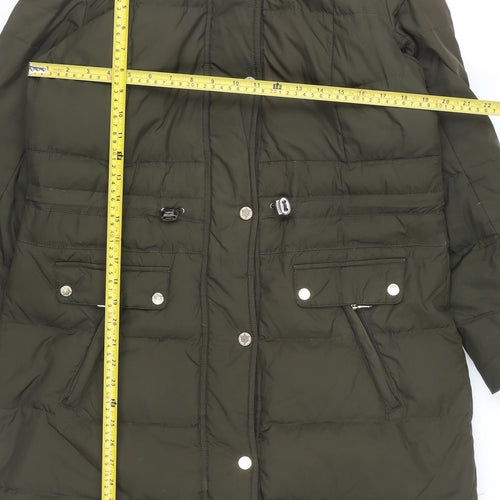 Marks and Spencer Women’s Green Long Puffer Coat L Hooded Faux Fur Winter