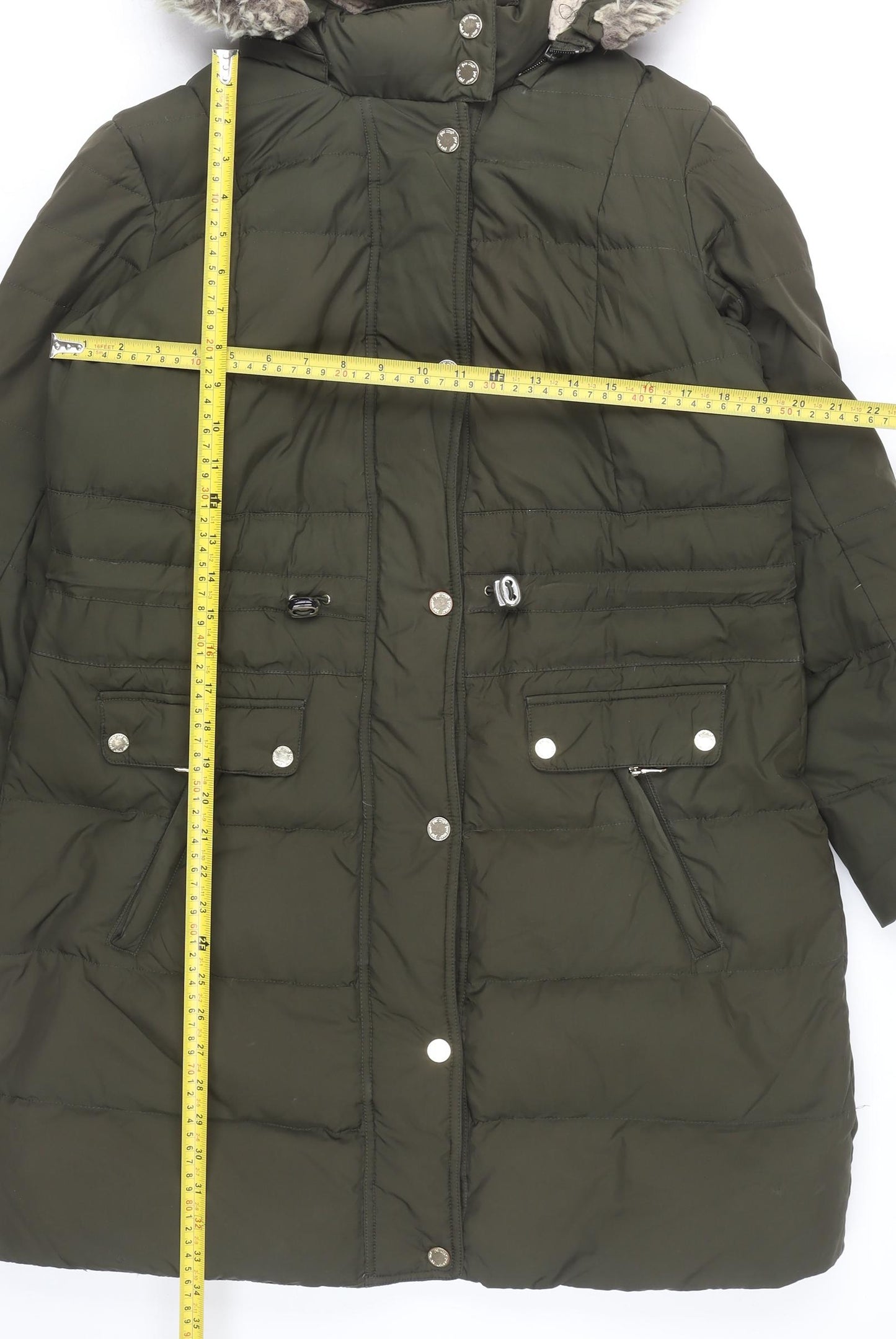 Marks and Spencer Women’s Green Long Puffer Coat L Hooded Faux Fur Winter