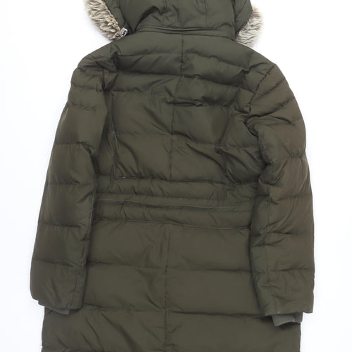 Marks and Spencer Women’s Green Long Puffer Coat L Hooded Faux Fur Winter