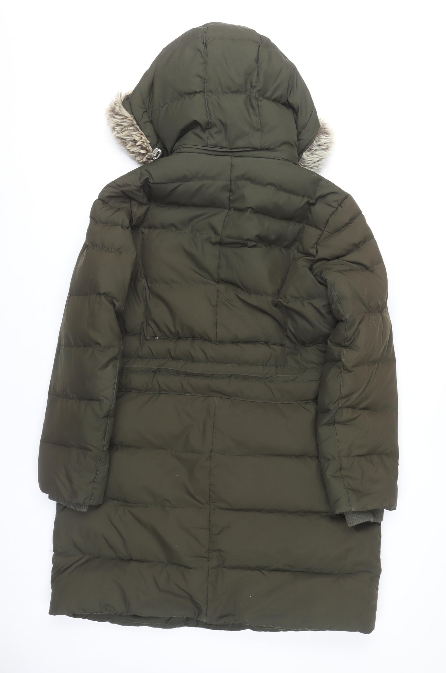 Marks and Spencer Women’s Green Long Puffer Coat L Hooded Faux Fur Winter