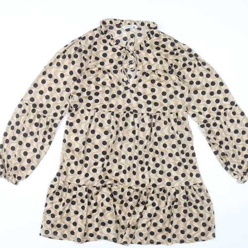Stradivarius Women Beige Polka Dot Shift Dress Size 12 Long Sleeve