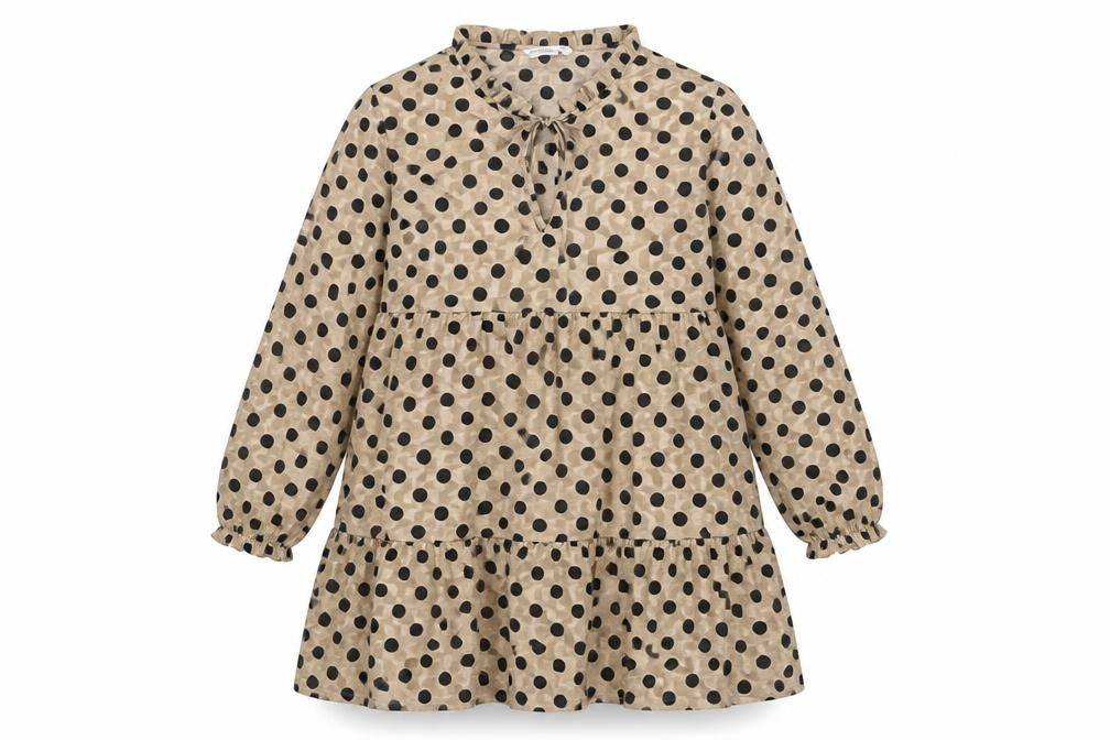 Stradivarius Women Beige Polka Dot Shift Dress Size 12 Long Sleeve