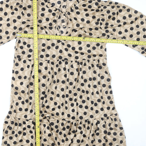 Stradivarius Women Beige Polka Dot Shift Dress Size 12 Long Sleeve