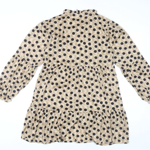 Stradivarius Women Beige Polka Dot Shift Dress Size 12 Long Sleeve