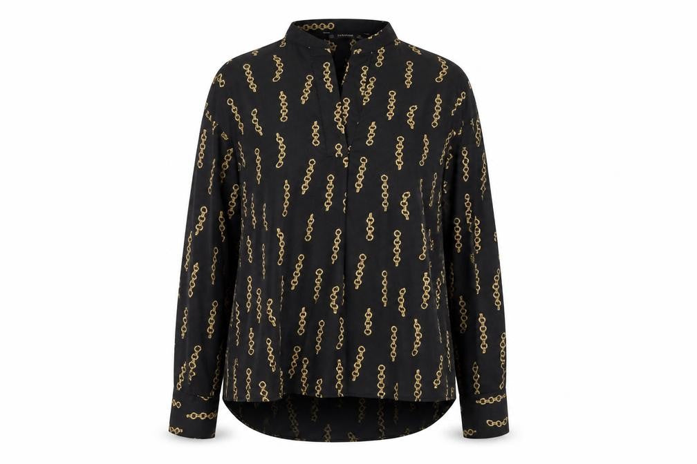 Front view of Zara Basic Women’s Black Gold Chain Print Blouse XS Long Sleeve